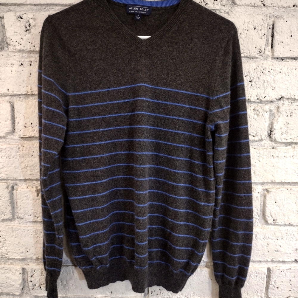 Allen Solly Mens Size Small 2 Ply Cashmere Grey with Blue Stripes V Neck Sweater